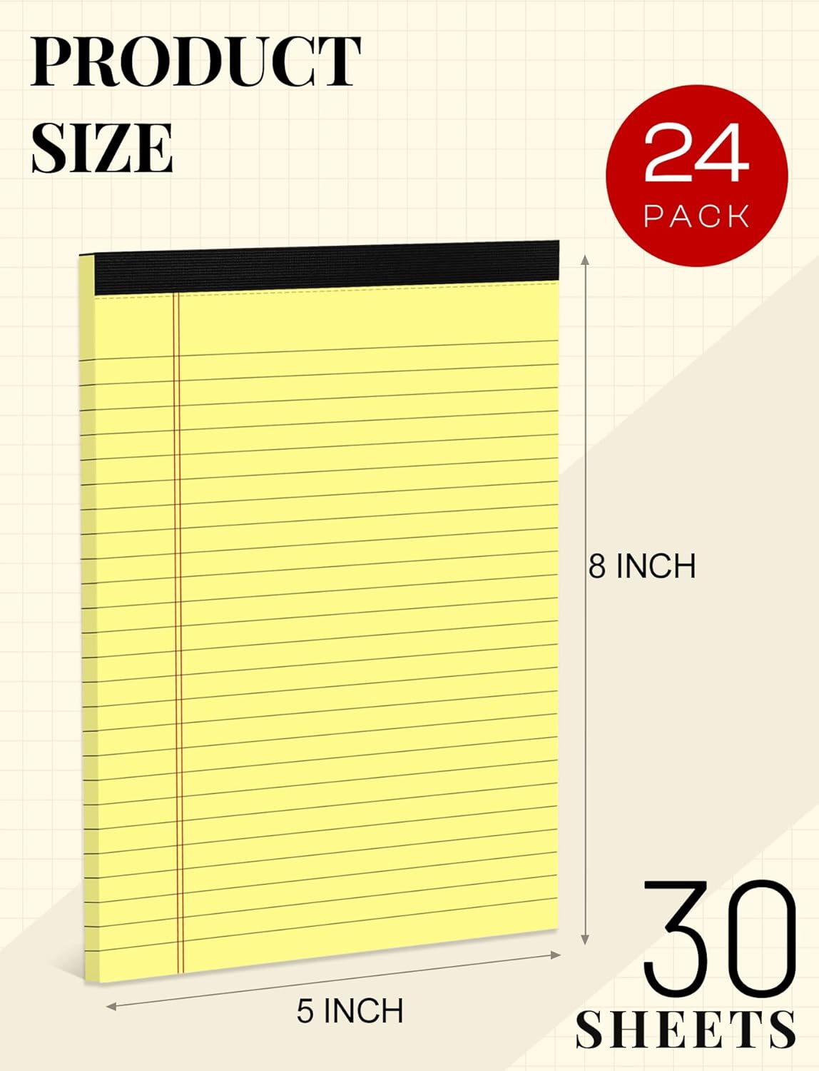 24 Pack Small Legal Pads 5x8 Yellow Note Pads 5x8 College Ruled Notepad Yellow Writing Pads 5x8 Small Pads of Paper Lined Paper Pads 80 GSM Paper Tablets 5x8" Lined Notepads With 30 Sheets Per Pad