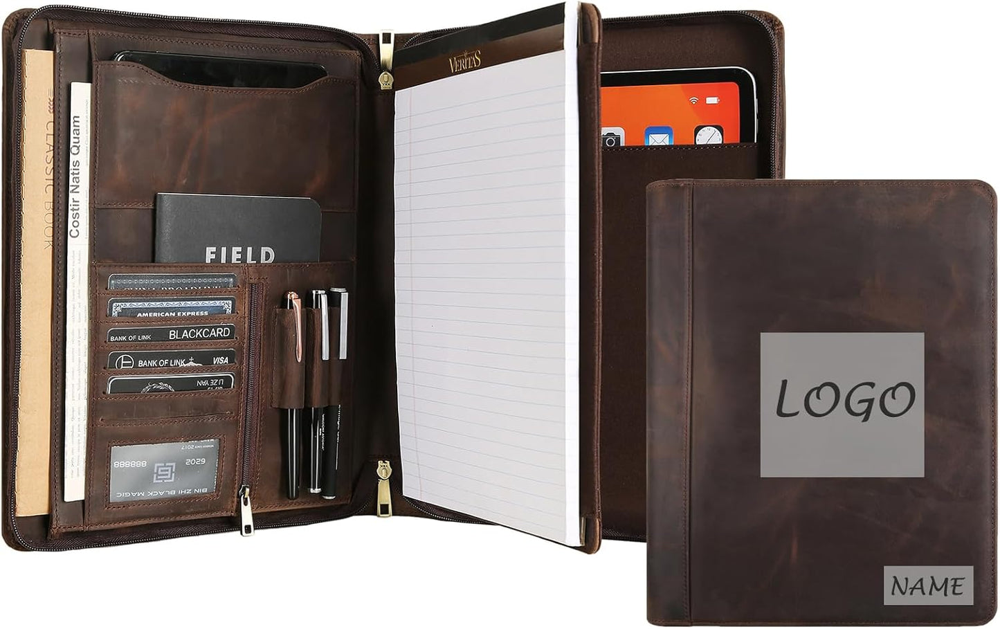 Personalized Leather Portfolio Organizer for IPad/Document, Business Padfolio with A4 Leather Notepad Holder, Custom Leather Compact Folder Conference Portfolio for Men and Women, Dark Khaki