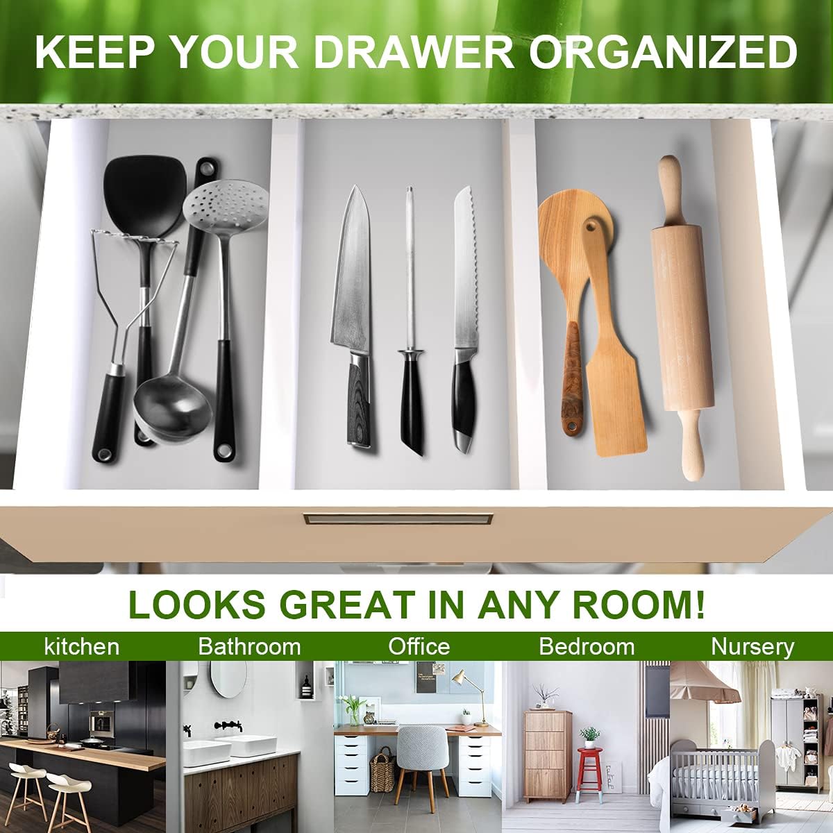 ANTOWIN Bamboo Drawer Dividers Organizers, Expandable Drawer Separators Splitter,17-22 inches Long Adjustable Spring-loaded Organizer for Large Utensil, Clothes, Tools Drawers (White)