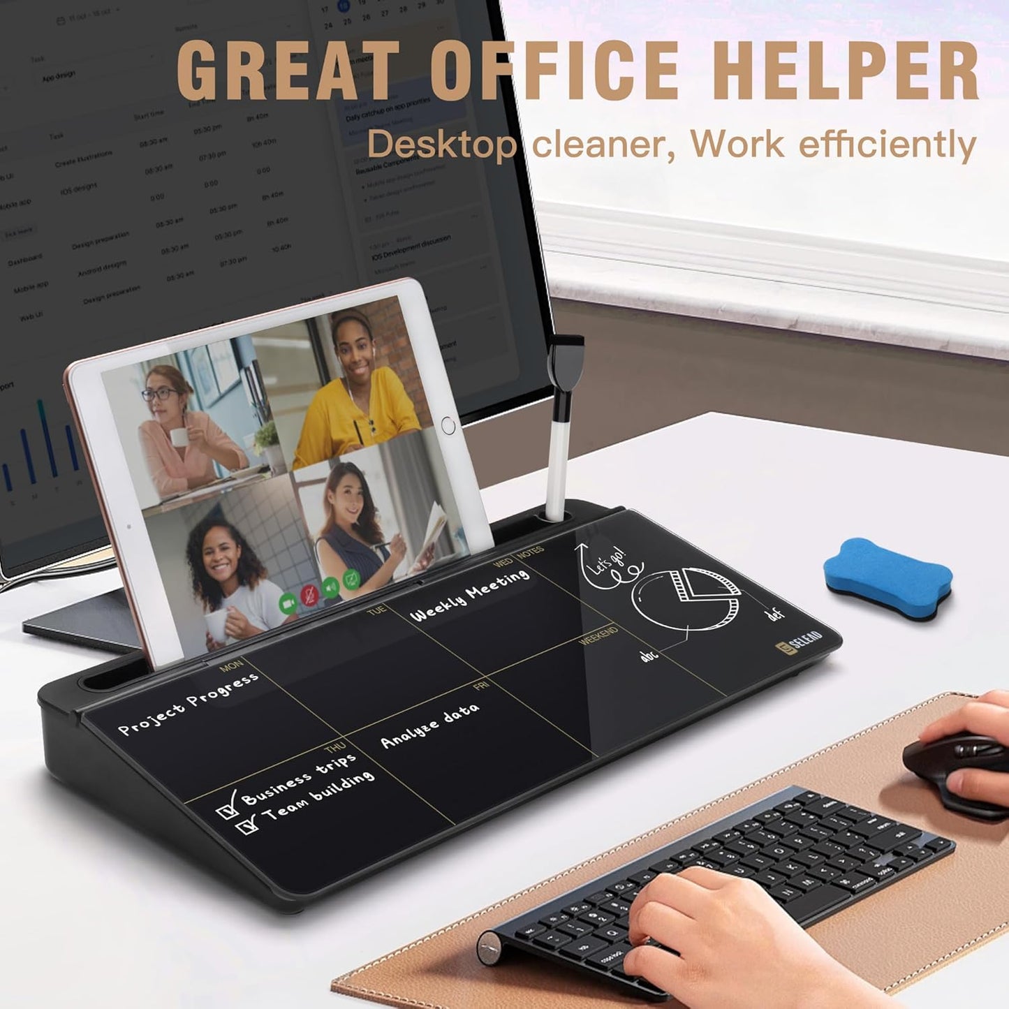 SELEAD Desktop Glass Whiteboard Weekly Planner Calendar with Organizer, Markers, Eraser, Holder - Small Dry Erase White Board TODO List Memo for Home, School, Office Desk Accessories - Black