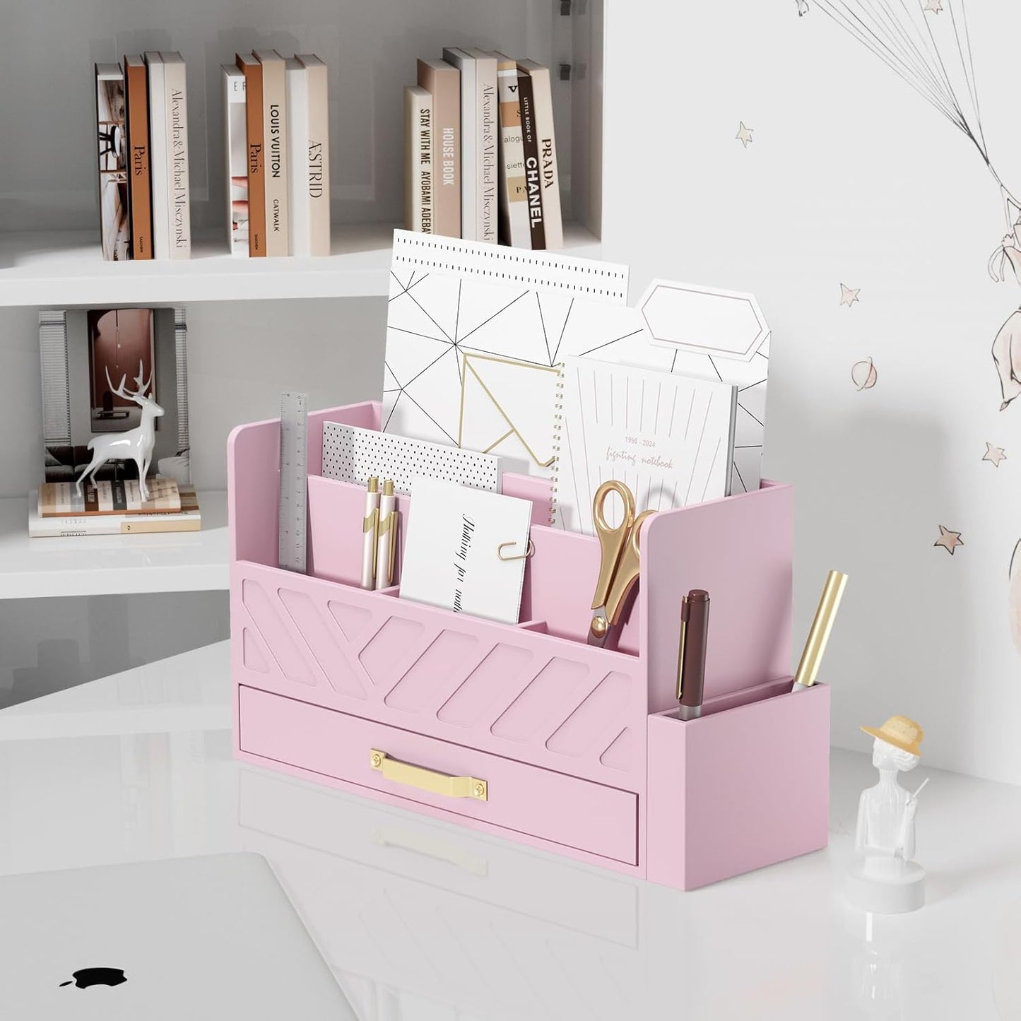 Bamboo Desk Organizer Mail Holder Countertop Wood Desk Drawer Tabletop Storage Box Pen Holder Letter Sorter Makeup Organizer for School Home Office Supplies with Pen Holder Pink