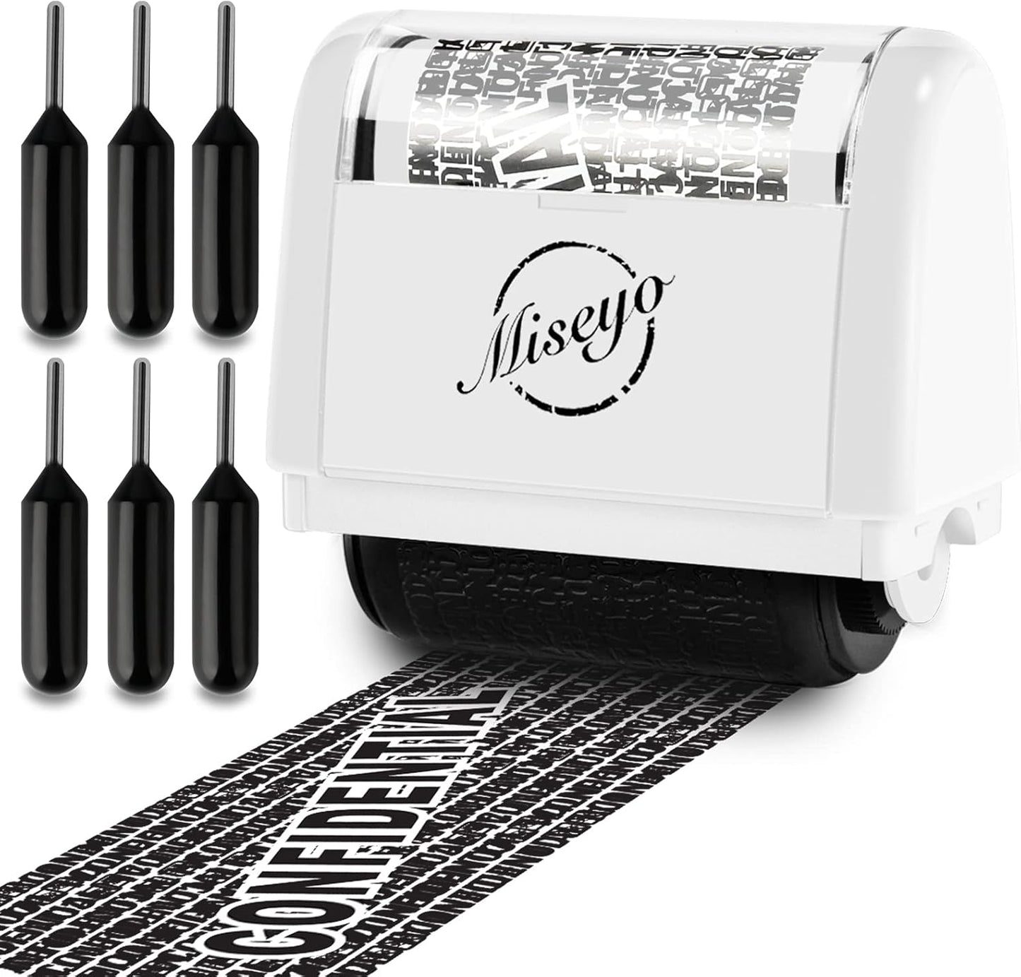 Miseyo Identity Theft Protection Roller Stamp Set - White (6 Refill Ink Incleded)