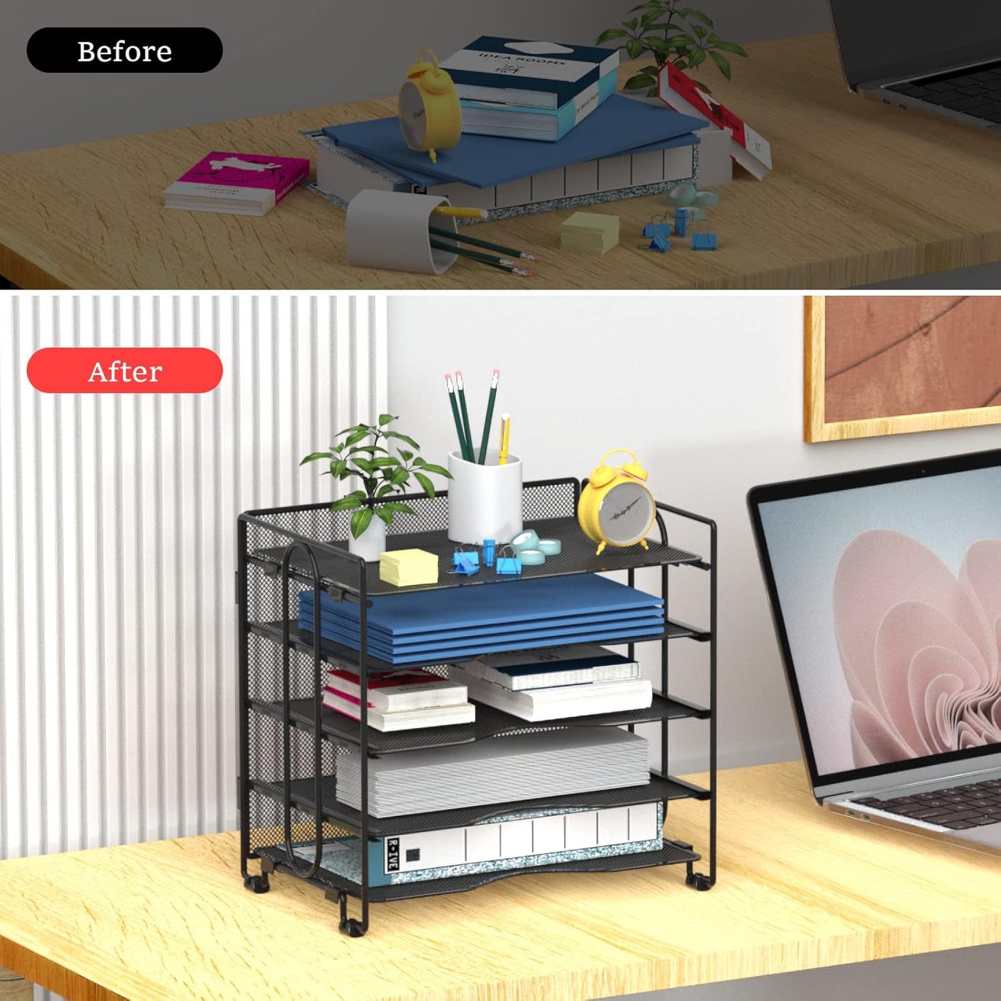 Letter Tray Paper Organizer, 5 Tier Desk Organizers Black Mesh Stackable Paper File Holder for Home Office, Document Shelves and Sorter 13.4Lx9Wx12.6H inches