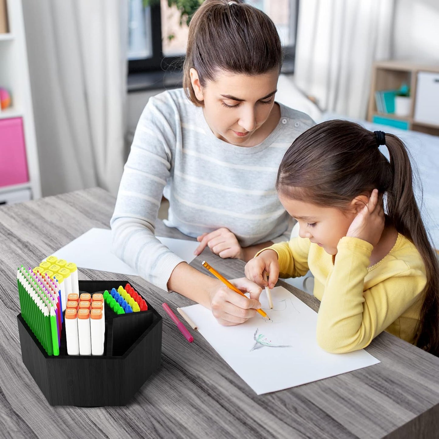 Art Caddy Organizer for Kids, Bamboo Pencil Organizer with 7 Large Compartment, Pen Storage Organizer, Marker Holder, Desk Caddy holds 325+ pencils, Education Supplies & Craft Supplies, Black