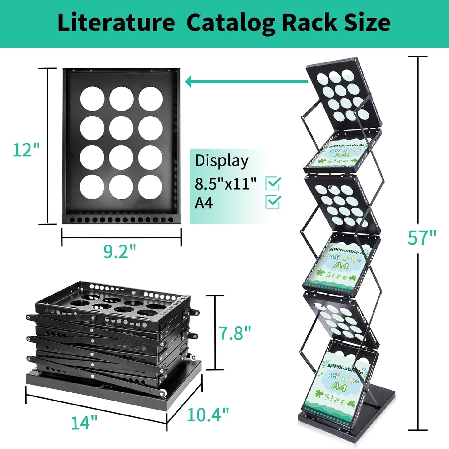 Folding Literature Rack, 6 Pockets Metal Brochure Holder Stand Floor Standing Magazine Rack，Double-sided Display Flyer Holder Stand Literature Stand for Trade Show Office Store Home