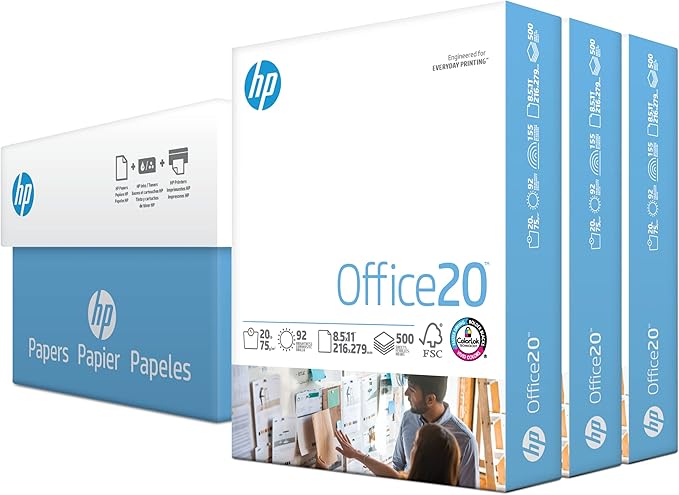 HP Printer Paper | 8.5 x 11 Paper | Office 20 lb | 3 Ream Case - 1500 Sheets | 92 Bright | Made in USA - FSC Certified | 112090C, White