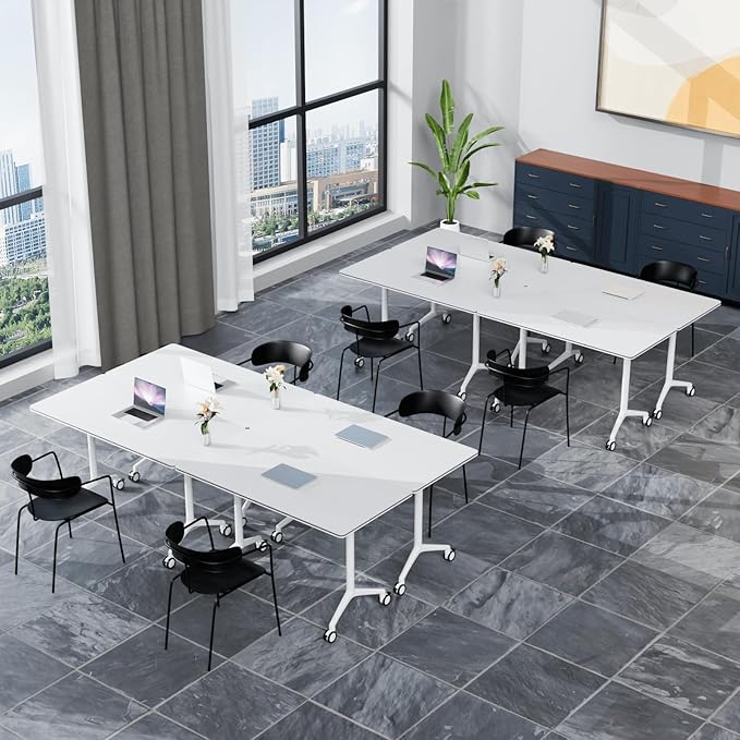 Folding Conference Table, Modern Large Conference Room Tables with Flip-Top Design, Foldable Conference Table Meeting Table with Wheels, Mobile Seminar Training Tables for Office Classroom (4, White)