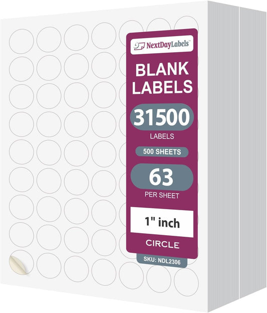NextDayLabels - 1 Inch Round Labels - Round Sticker Labels for Printer - Matte White Blank Laser/Inkjet Printer Labels - Circle Stickers Printable Labels (500 Sheets, 63 Per Sheet, 31500 Labels)