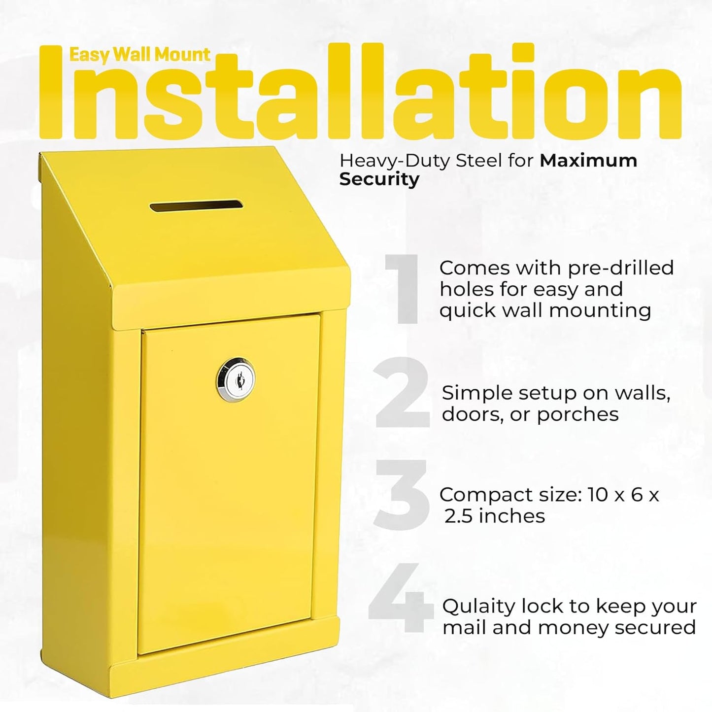 Metal Donation Box-Suggestion Box with Slot and lock-Cash Lock box for Money-Secure Drop Box-Comment and ballot voting box-comes with pre-drilled holes for easy wall mounting 10 X 6 X 2.5"(Yellow)