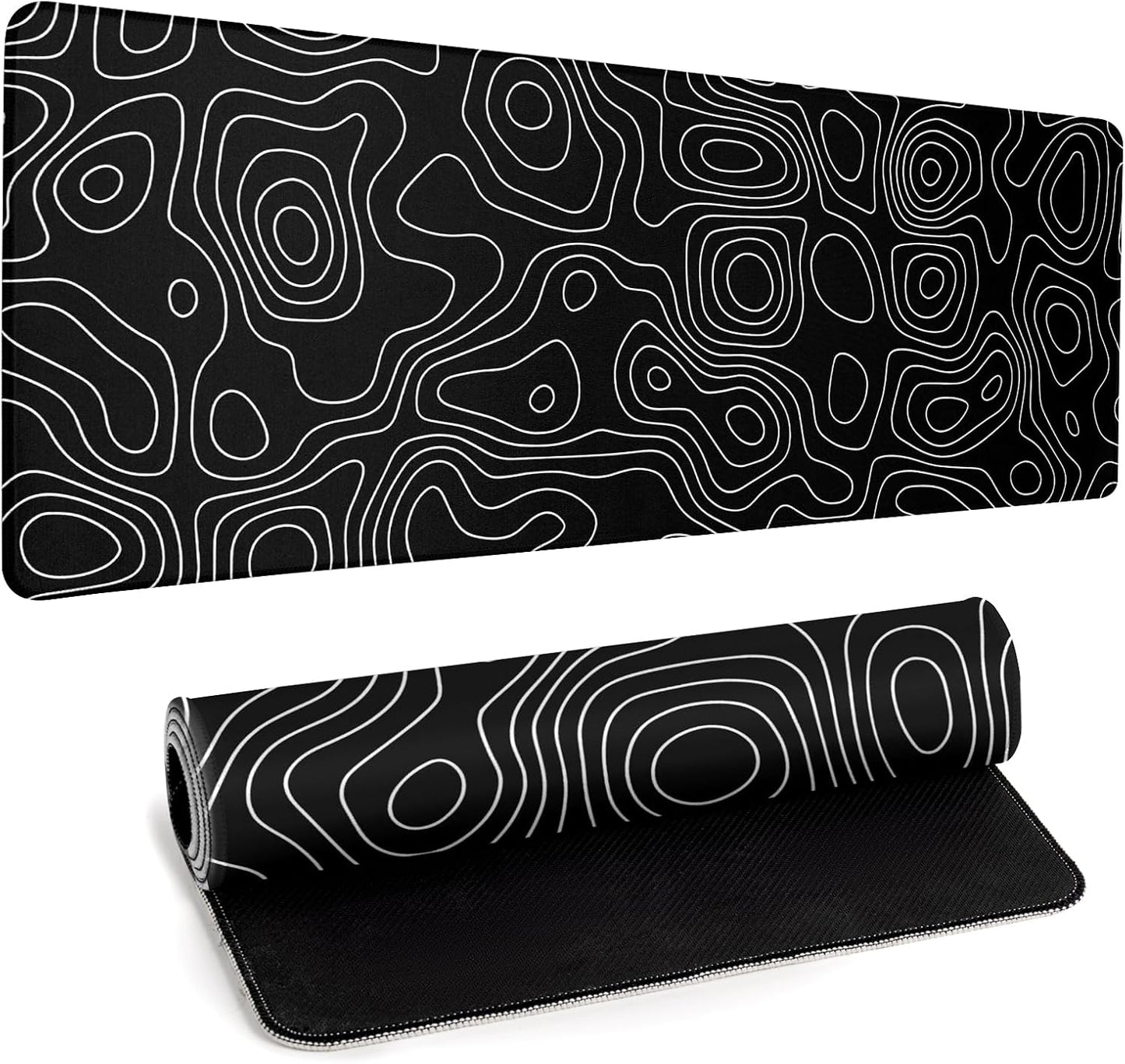 Black Topography Contour Gaming Mouse Pad Large Anime Topographic Map Mousepad Extended Mouse Pad Gaming Big Desk Pad Keyboard Pad with Stitched Edge Non-Slip Rubber Base