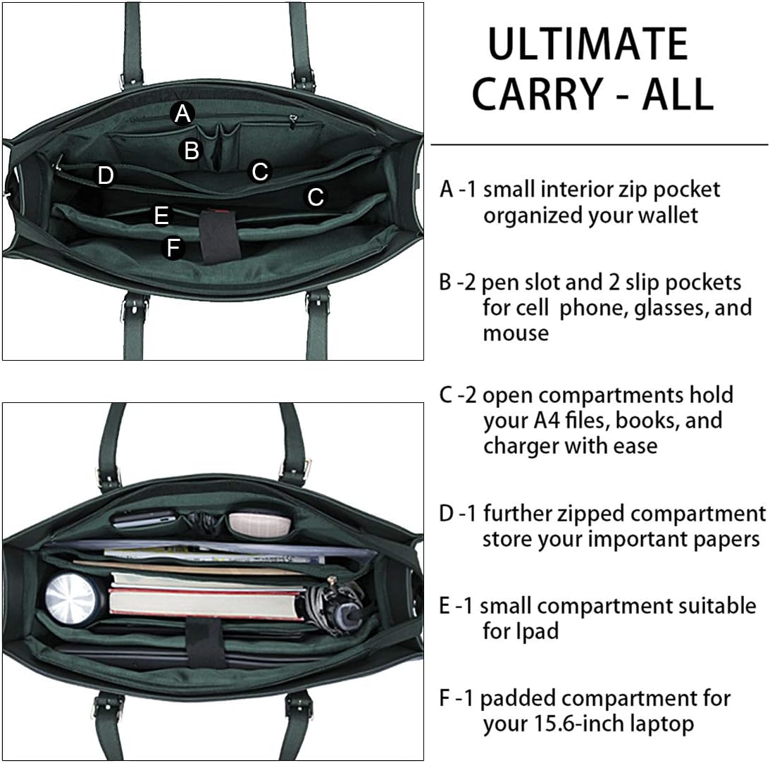 Laptop Bag for Women Waterproof Lightweight Leather 15.6 Inch Computer Tote Bag Business Office Briefcase Large Capacity Handbag Shoulder Bag Professional Office Work Bag Deepgreen