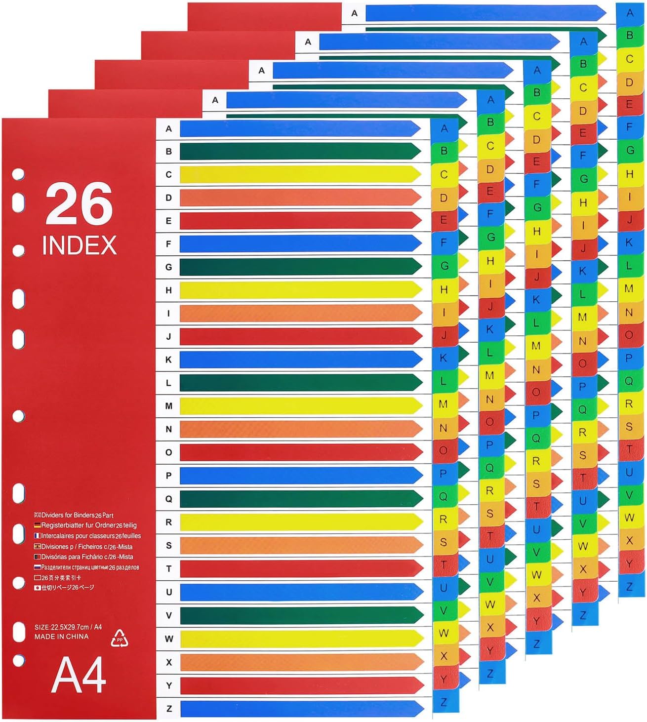 A-Z Tab Dividers, Alphabet Dividers for 2/3/4 Ring Binder, Customizable Table of Contents, Plastic Binder Dividers with Multicolor A-Z Tabs, 5 Sets