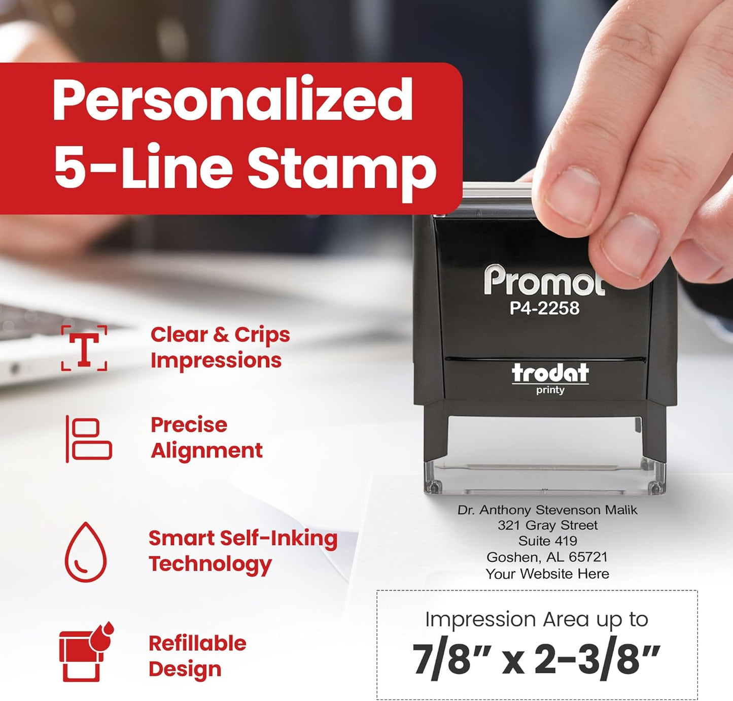 Promot Self Inking Stamp - Large Custom Stamp for Name, Address, Office, or Business Use - Up to 5-Line Personalized Rubber Stamp - Customizable Font & Ink Color - Personalized Name Stamp