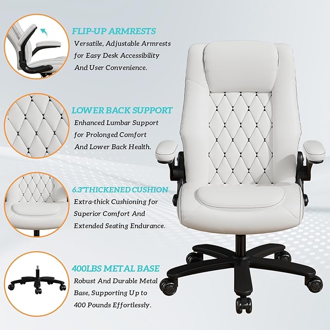 GYI O205P High Back Executive Office Chair, Big and Tall Office Chair 400LBS with Rubber Wheels,Ergonomic Adjustable Computer Desk Chairs with Padded Flip-up Armrests,Lumbar Support (White)