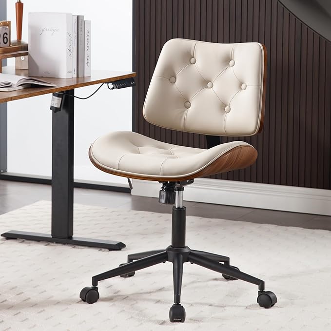 Armless Home Office Chair with Wheels, PU Leather Adjustable Height Computer Desk Chair, 360 Swivel Small No Arms Chair, Modern Button Walnut Style for Office, Reading Meeting Room(Beige)