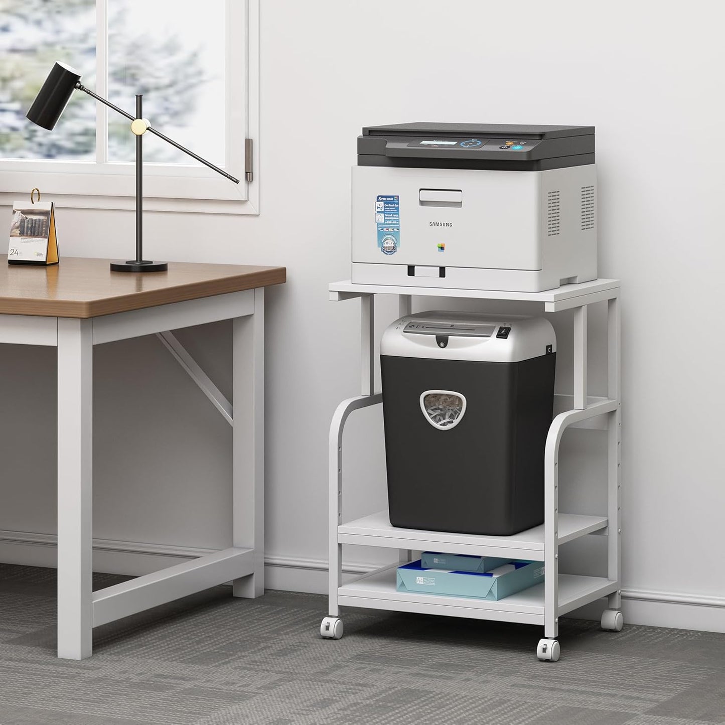 White Printer Stand with Storage, 3 Tier Printer Table with Height Adjustable Shelf, Rolling Printer Cart with Wheels for Home Office Organization