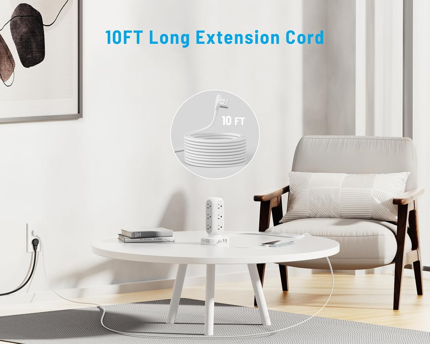 Tower Surge Protector Power Strip, 10FT Extension Cord with Multiple Outlets, Flat Plug Outlet Extender with 12 AC Outlets & 8 USB Ports, 24W Total Charging Station for Home Office Dorm Room