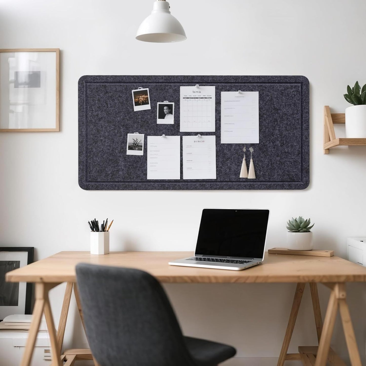 Bulletin Board, 35 x 17 1/2 inches Felt Board - Decorative Pin Board, Cork Board Alternative for Wall, Foldable Picture Board Self-Adhesive Vision Board Prayer Board with 20 Pushpins Dark Gray