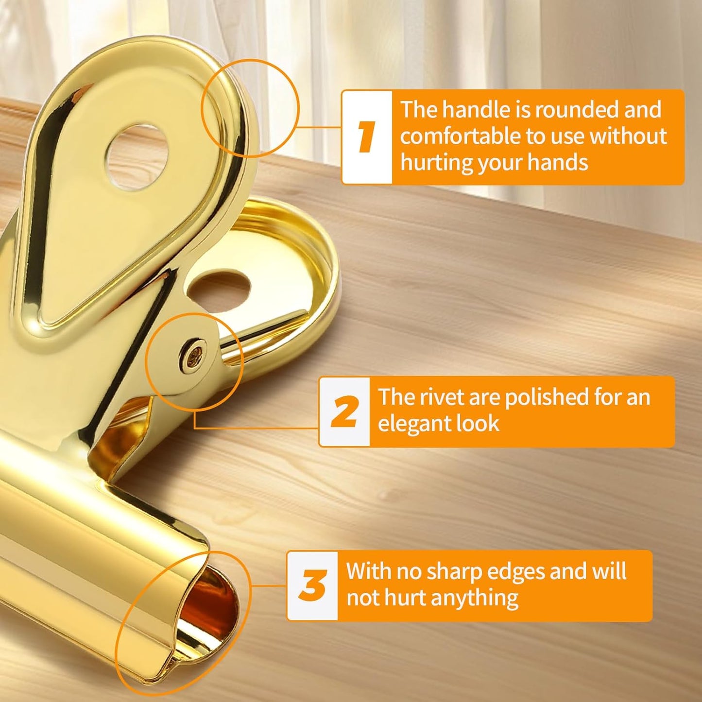 SIAMESE Bulldog Clips, 8 Pcs Binder Clips for Office & Kitchen, Multi-Purpose Binder and Food Bag Clamps for Sealing, Storage, Hanging (Gold)