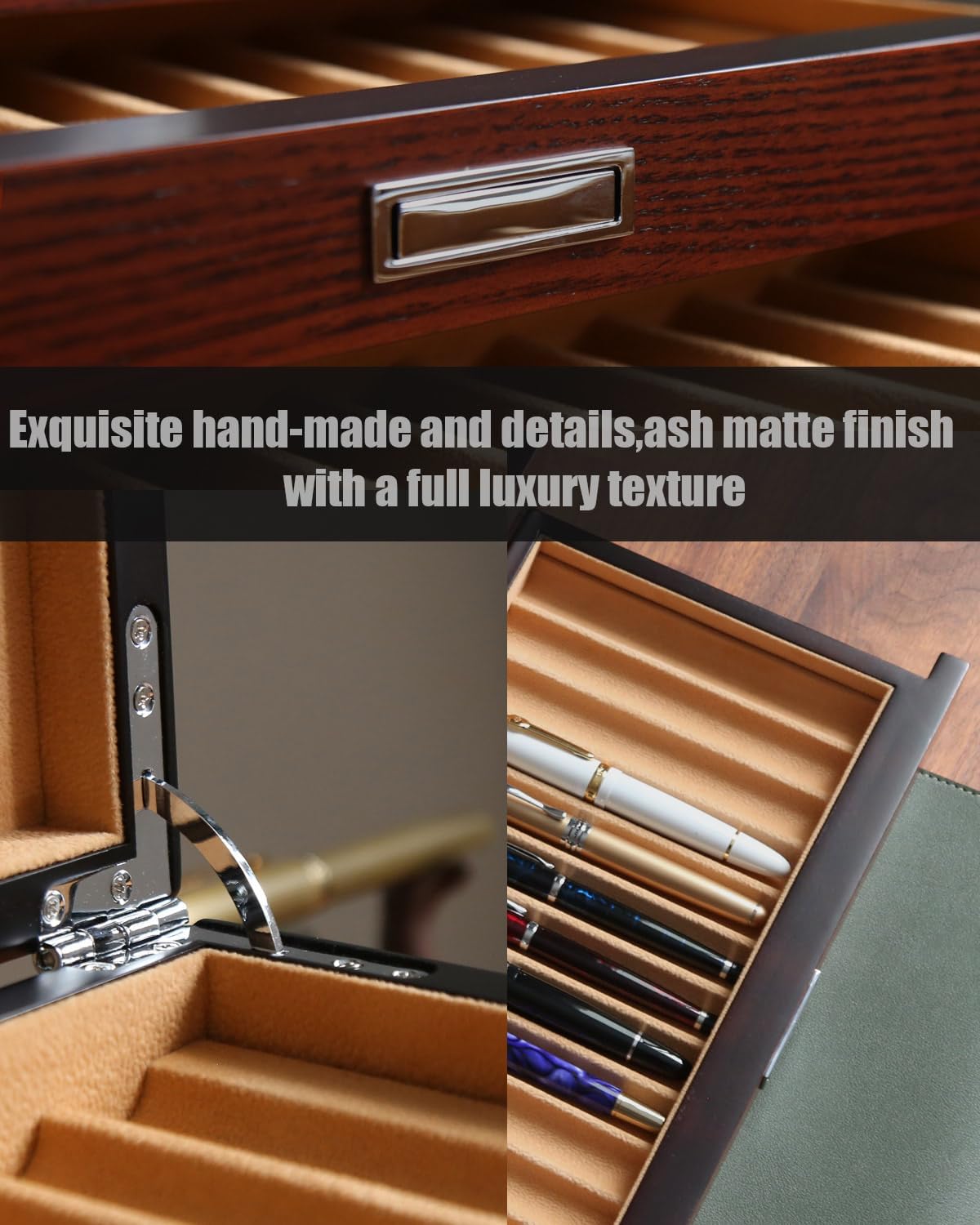 Pen Display With 24 Slots, Wood Storage Organizer, Glass Window Box for Men Gift (Brown Ash Veneer Finish, Camel Velvet)