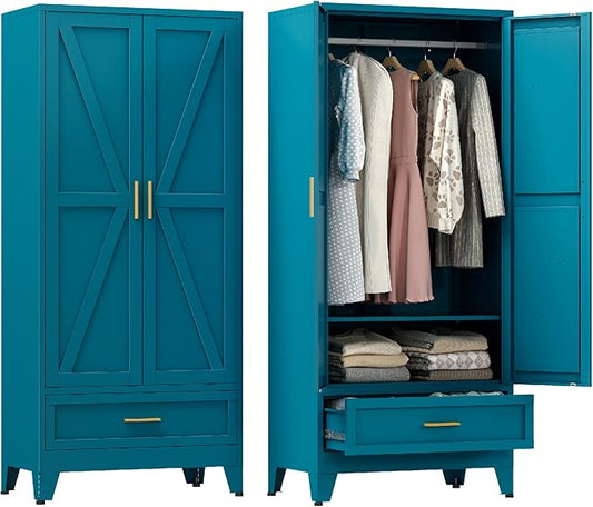 Farmhouse Wardrobe Cabinet with 2 Drawers,Metal Wardrobe Closet with Hanging Rod,Metal Armoire with Adjustable Shelves for Bedroom,Living Room, Cloak Room,Office (Blue)