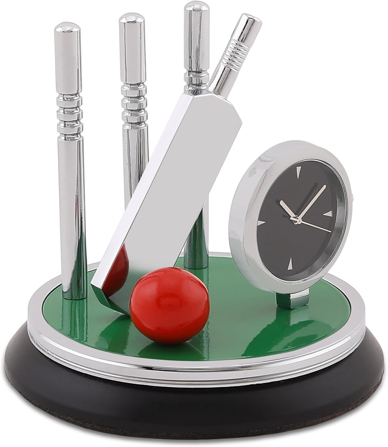 Metal Cricket Kit Style Table Clock, Silver Finish Clock with Bat, Ball & Stumps, Battery Operated Desk Showpiece, Paperweight for Office, Home Decor, Gift for Cricket Lovers