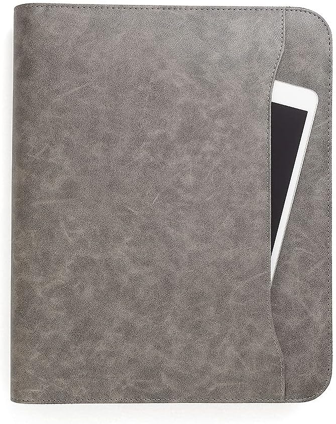 Padfolio Binder - Professional Faux Leather Travel Organizer Pouch for Tablet, Documents, Presentation Folders, Zipper Closure, Detachable 3-Ring Notepad - Gray
