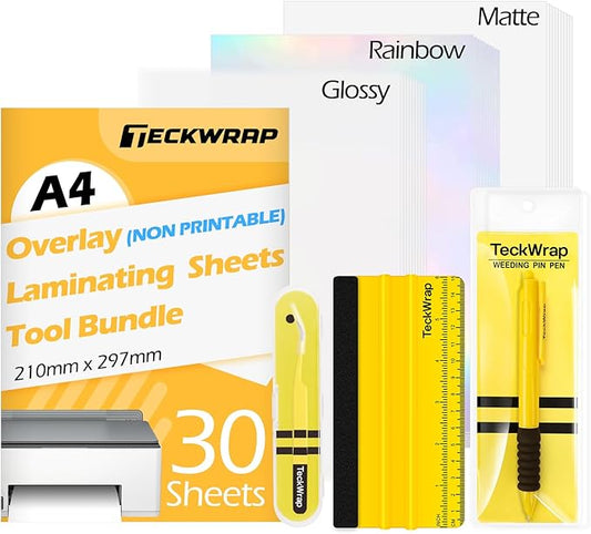 TECKWRAP Laminating Sheets Sticker Paper Laminate Sheets for Photo Paper Inkjet Printable Vinyl Squeegee Tools A4 30PCS Clear Overlay Transfer Paper, Matte Lamination Sheets, Holographic Stickers
