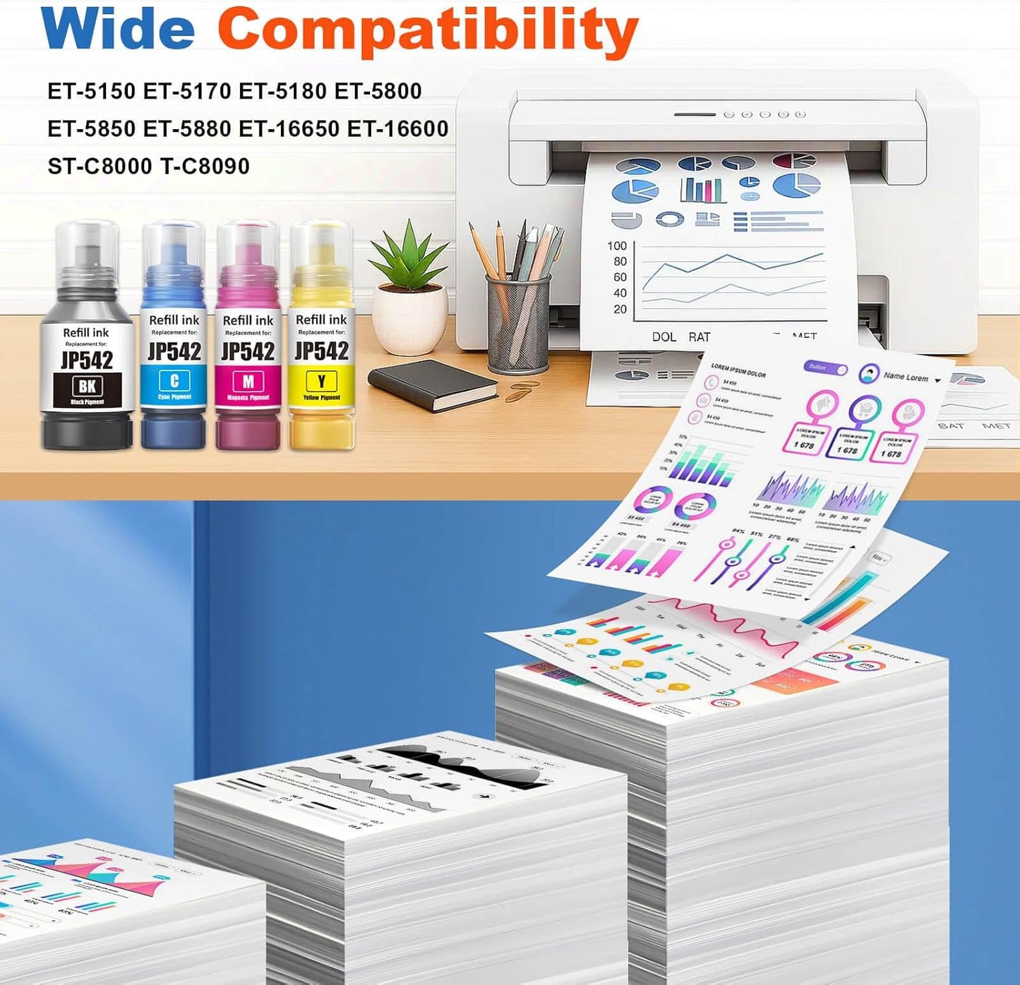 542 Ink Refill Bottles Compatible 542 Ink Bottles T542 Ink Use with ET-5800 ET-5850 ET-5880 ET-16600 ET-16650 ET-5150 ET-5170 ET-5180 ST-C8000 ST-C8090 (4 Pack, Pigment)