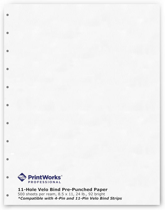 PrintWorks Professional Pre-Punched 11 Hole Velo Bind Paper for 11 Pin & 4 Pin Binding Spines - Book Binding Printer Paper - Made in the USA - 500 Sheets - 8.5" x 11" - 20 lb - 92 Bright White (04330)
