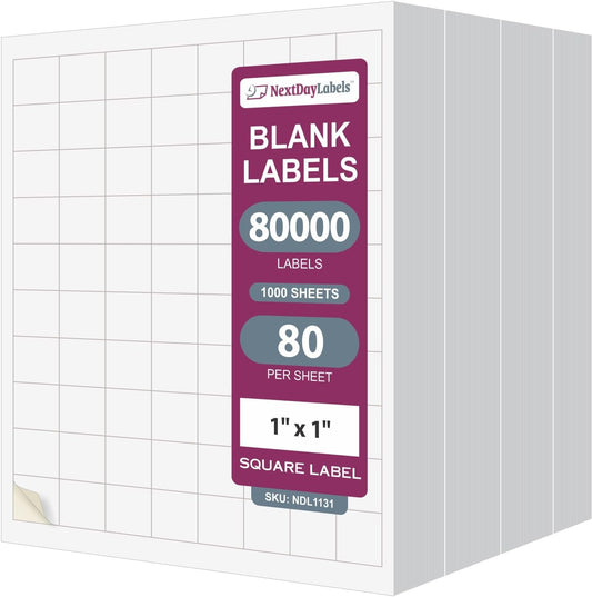 NextDayLabels – 1" x 1" Square Sticker Labels for Printer - White Laser/Inkjet Printer Labels Return Address Labels Shipping Label Stickers (1000 Sheets, 80 Per Sheet, 80000 Labels)