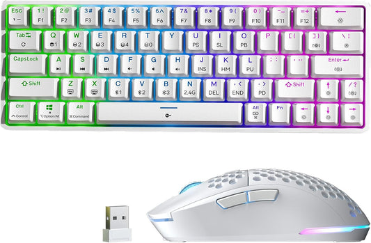 TMKB Wireless Mechanical Gaming Keyboard and Gaming Mouse, M1&T63, 24000DPI, RGB Backlit, 180Hrs Battery, 2.4G/BT5.2/USB-C Wired, Compact 63 Keys Anti-Ghosting-White