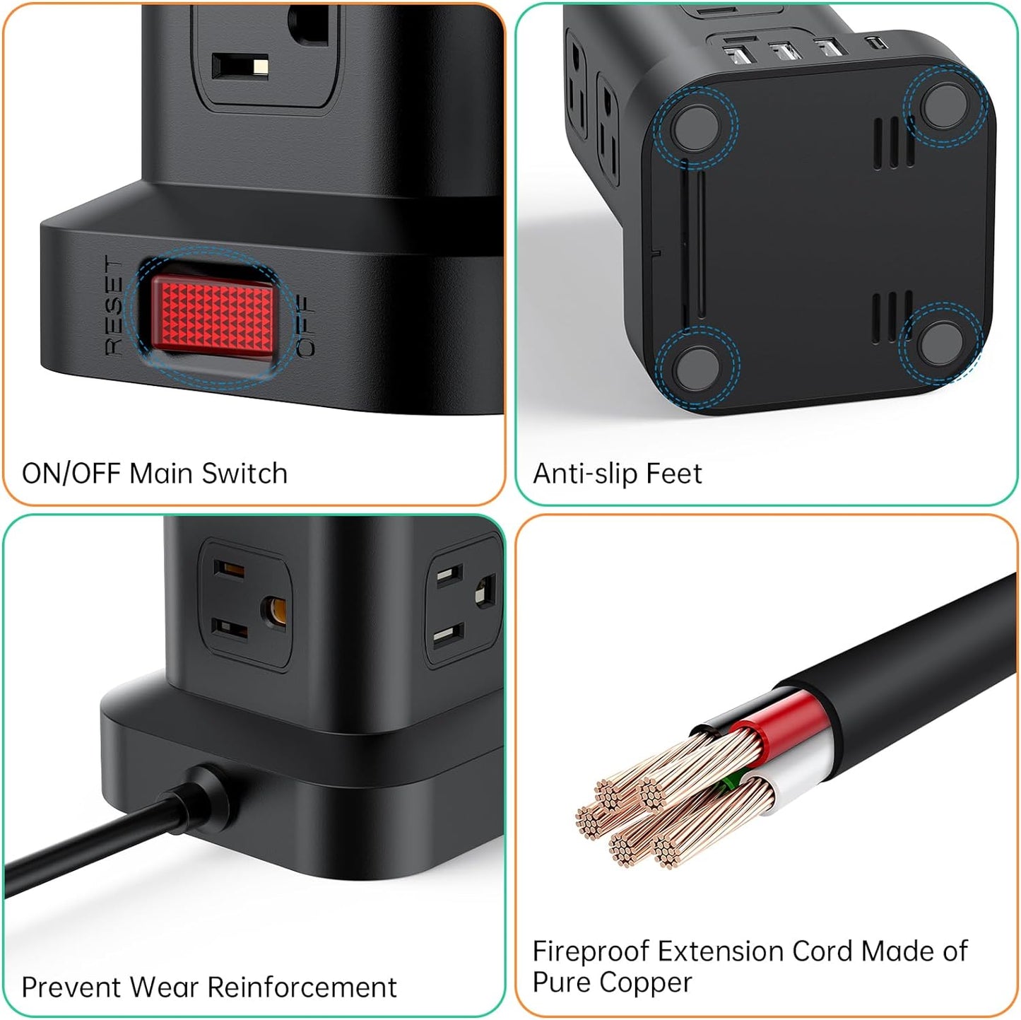 PD 20W USB C Surge Protector, Mini Power Strip Tower Travel 12 AC 4 USB Power Strip with USB Ports 10FT Overload Protection for Home Office
