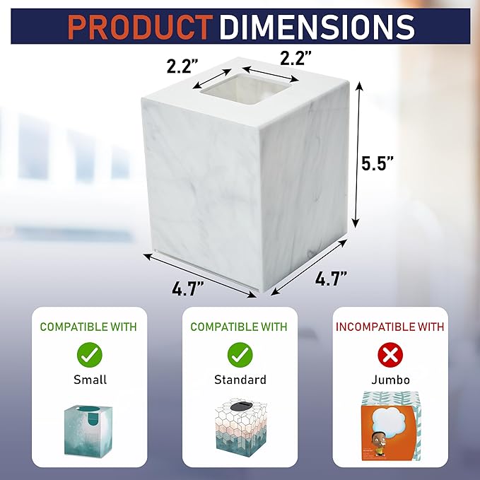 Acrylic Tissue Box Holder, Square Dispenser for Facial Tissues, Napkins, and Dryer Sheets. Perfect for Bathrooms, Desks, Countertops, Vanities, Bedrooms, and Nightstands (Square, Marble)