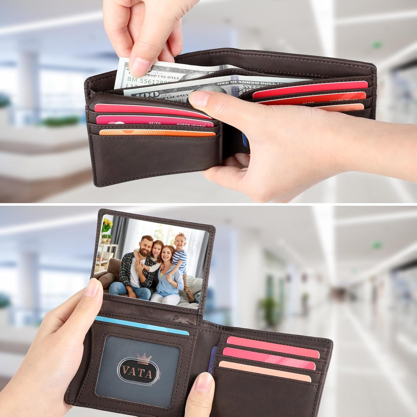 VATAN Wallet for Men, Mens Minimalist Wallet Credit Card Holder, Slim Leather Rfid 2 ID Window Large Capacity With Gift Box (Crazy Horse Deep Brown)