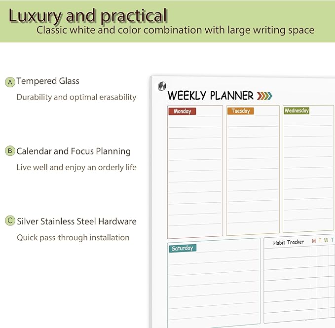 Glass Colorful Weekly Dry Erase Calendar Whiteboard for Wall,24"x 36",Frameless Mounting,Office/School/Home, Frameless Large Planner White Board