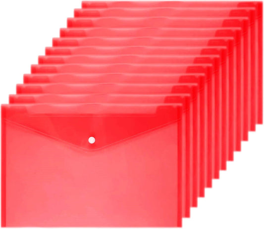 Poly Envelope 12 Pcs Document Envelopes with Snap Button Quality Clear Document Folder for A4 Size (red)