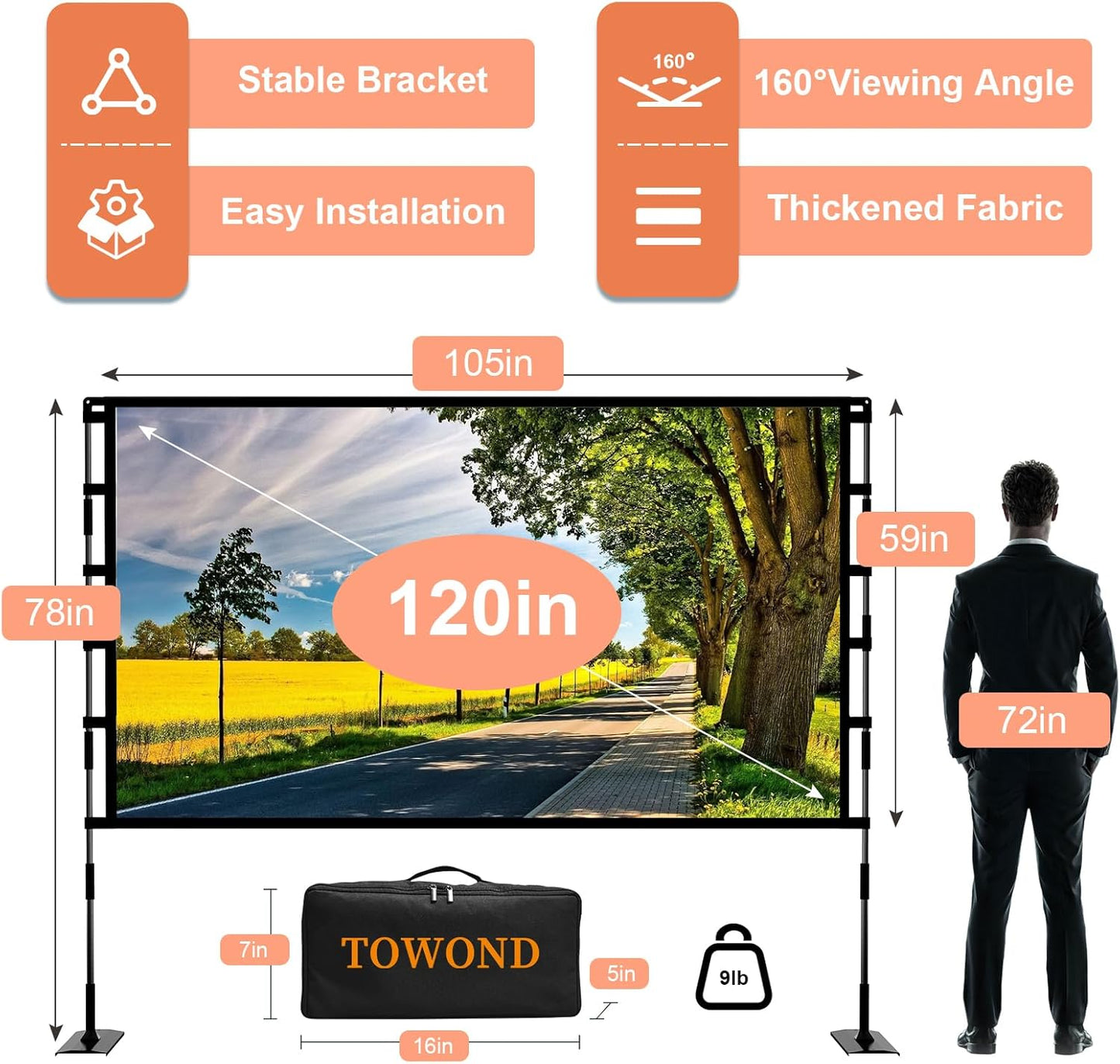 TOWOND Projector Screen and Stand, 120 inch Outdoor Projector Screen Indoor, Portable Movie Screen 16:9 4K Front Rear Projection Screen with Carry Bag Wrinkle-Free Design for Home Backyard Theater
