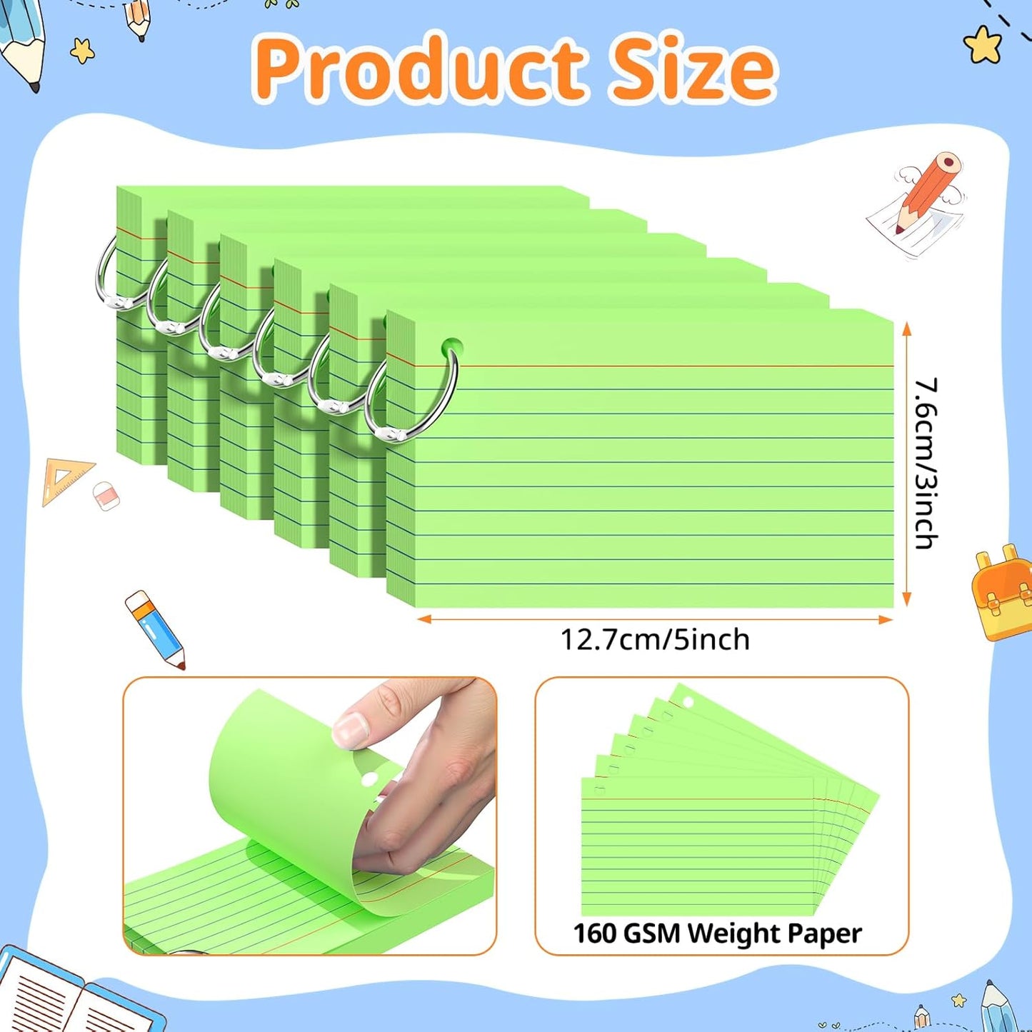 Index Cards 3x5 Inches, 300 PCS, Green Flash Cards With Ring, Punched Lined Study Card Ruled Flashcards Notecards, Ruled Front And Blank Back, Note Card for School, College And Home