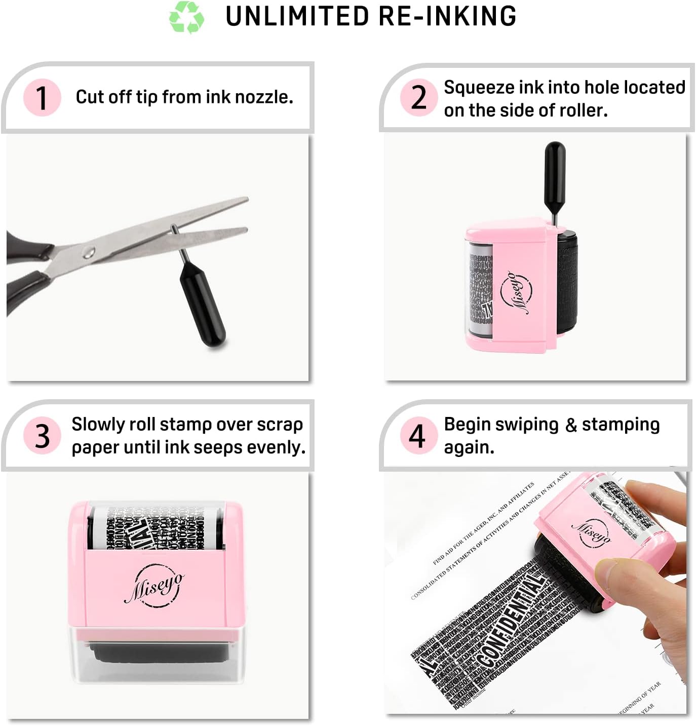 Miseyo Identity Theft Protection Roller Stamp Set - Pink (6 Refill Ink Incleded)