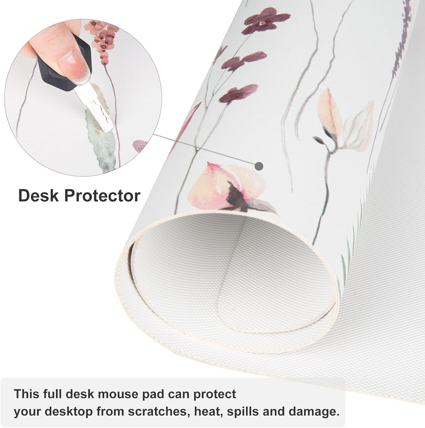 QiyI Large Mouse Pad, Cute Flower Desk Mat for Desktop, Women Girls Floral Office Décor Accessories, PU Leather Waterproof Big Gaming Mousepad, Wildflowers Desk Pad Computer Mat, 31.5" x 11.8"