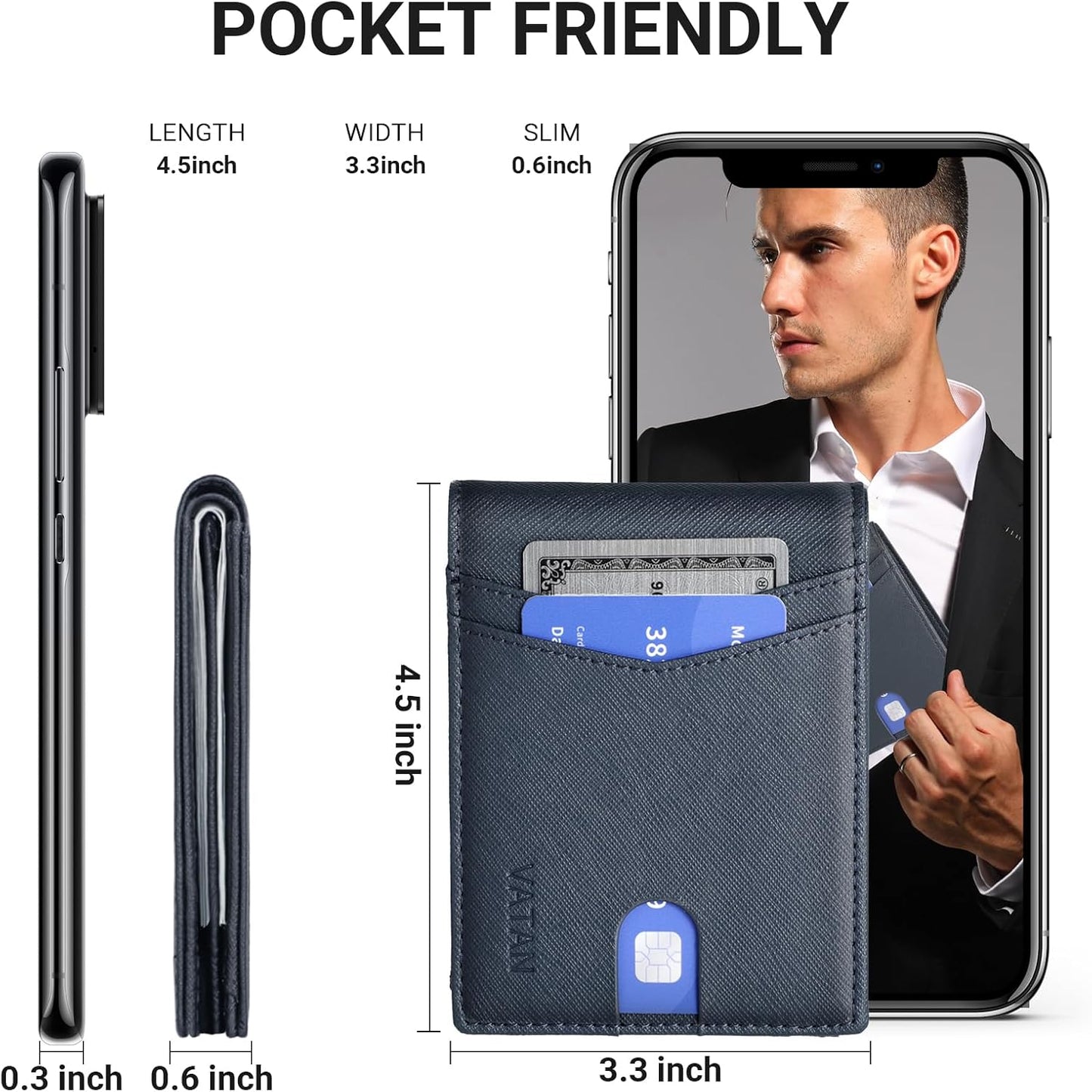 VATAN Wallet for Men, Mens Minimalist Wallet Credit Card Holder, Slim Leather Rfid 2 ID Window Large Capacity With Gift Box (Cross Grain Deep Blue)