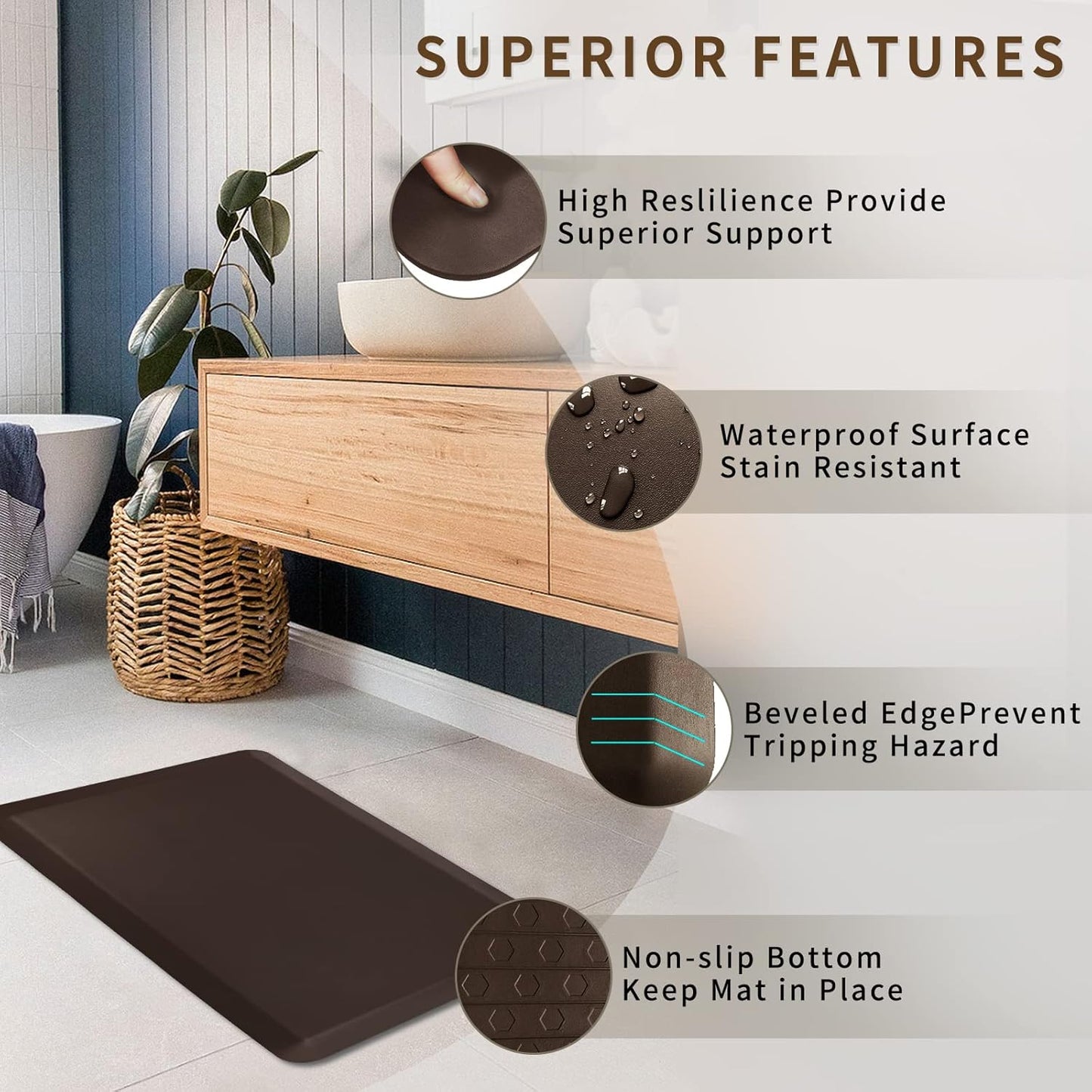 Thick Anti Fatigue Comfort Mat for Standing Desks, Non-Slip Standing Kitchen Mat, Waterproof Floor Mat, Commercial Pads for Offices, Home, Garages(Brown)…