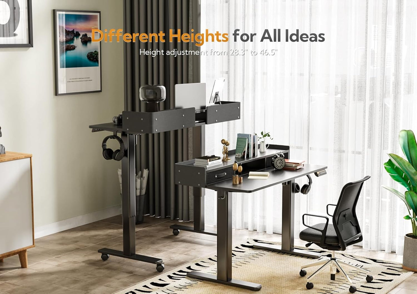 YDN Standing Desk with Drawers, 59 Inch Standing Desk Adjustable Height, Adjustable Electric Stand Up Sit Stand Small with Storage and Shelf, Black