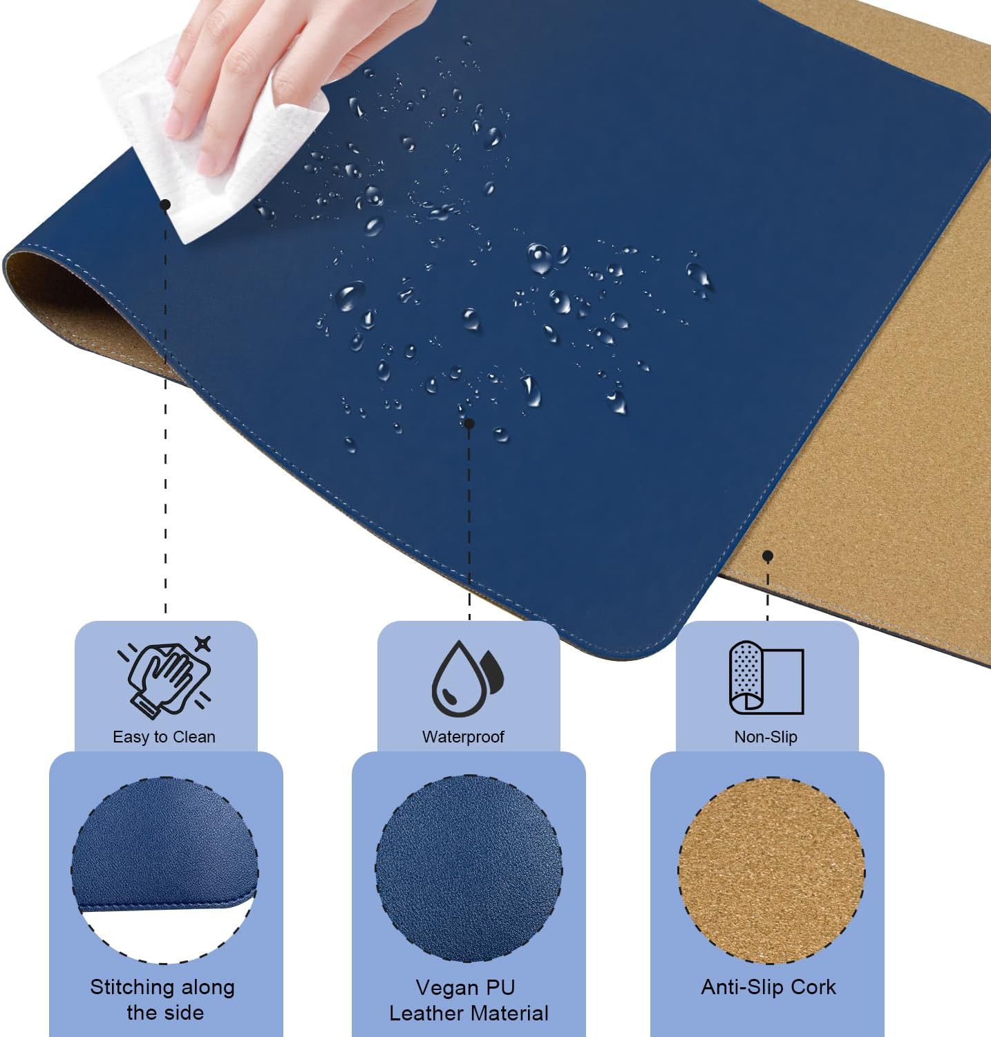BLESWIN Large Desk Pad Mat 47.2"" x 17"", Office Desk Mat, Non-Slip PU Leather & Cork Desk Blotter for Keyboard and Mouse, Large Desk Mat, Large Mouse Pad for Office & Home(Dark Blue)
