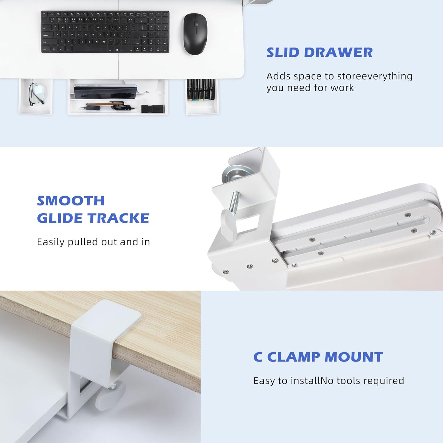 Keyboard Tray Under Desk with Drawer,26.77" X 11.81"Large Size Keyboard Tray with C Clamp-on Mount, Easy to Install, for Home Office (White)