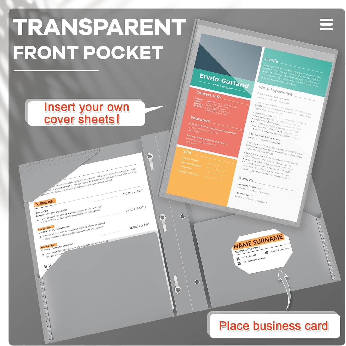 Henoyso 18 Pcs Plastic Folder with Clear Front Pocket and 3 Prong Plastic Folders with Card Slot Pocket Folders with Prongs for School Office (Gray)