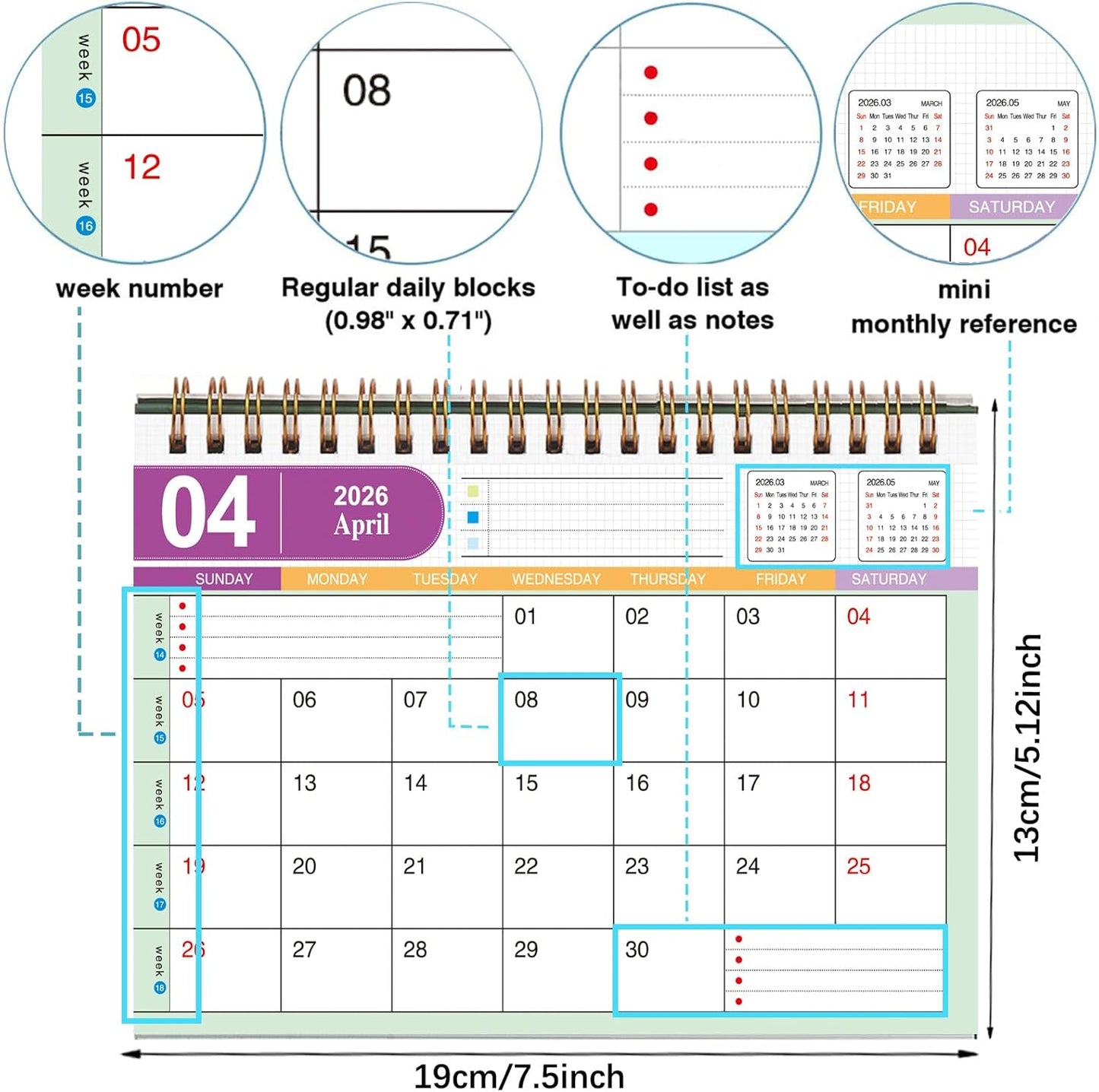 Small Desk Calendar 2025, Desktop Calendar from July 2025 to Dec 2026, Metal Ring Twin-Wire Binding Monthly Desktop Calendar for Home Office School (White)