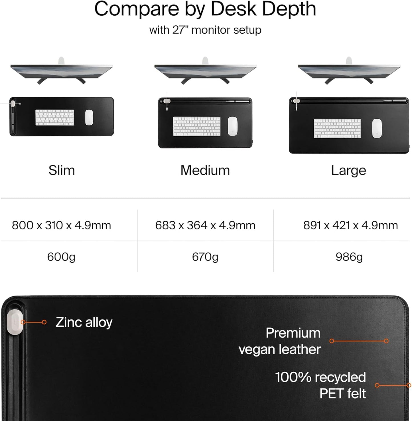 Orbitkey Premium Leather Desk Mat Slim | Multi-Purpose & Waterproof Table Protector Accessory for Work Home Gaming Office Keyboard Mat Organizer | 31.4" L x 12.2" W x 0.19" H, Anti-Slip, Black Finish