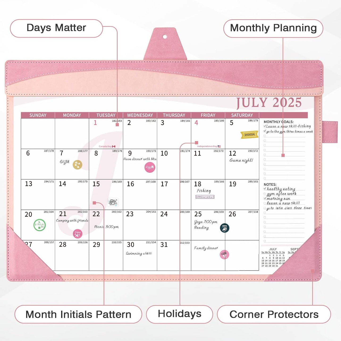 Ospelelf Leather Desk Calendar 2025-2026 Large 12"x17" Monthly Planner Pad with Protective Cover 18 Months July 2025 to Dec 2026 Pink